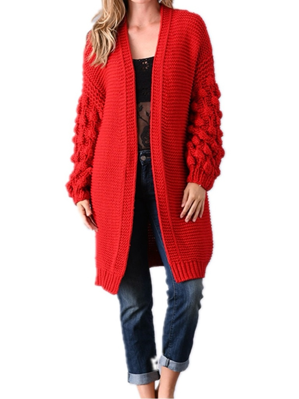Simply Couture Red Chunky Bubble Sleeve Open-Front Cardigan